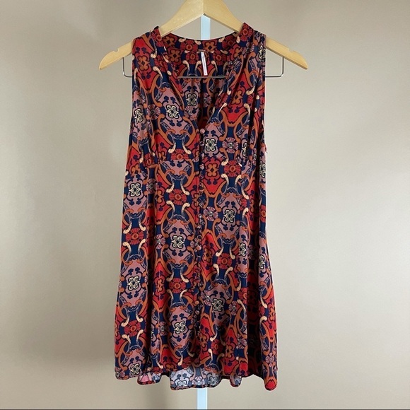 Free People Size 2 Flowy Boho V Neck Button Tank Top Funky Grunge Vibrant - Picture 1 of 7